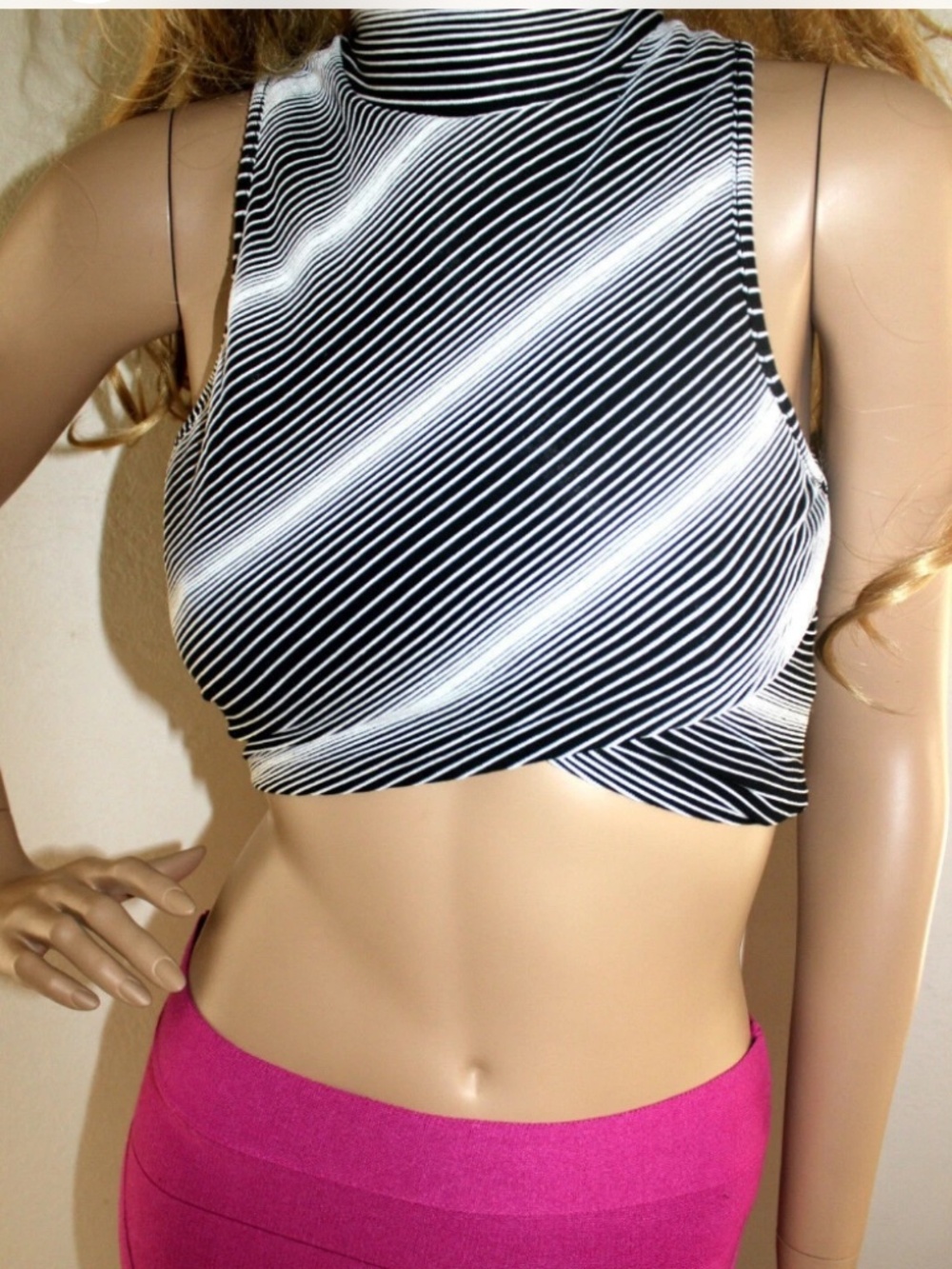 NWT Bebe 2b black white mock neck cropped racer back top